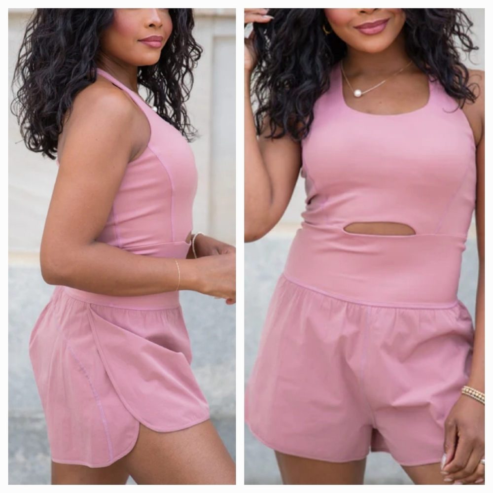 Pink Lily, Active Workout, Athletic Padded Keyhole PINK Romper Spandex Shorts